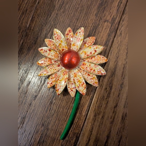 Vintage Orange & Red Flower Brooch Made In Germany Mid Century Rare3.5"x 2" ap - Picture 3 of 10